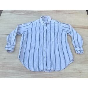 M&S PURE LINEN Shirt Long Sleeve Dress Striped Collared Women's White‎ SIZE US 6